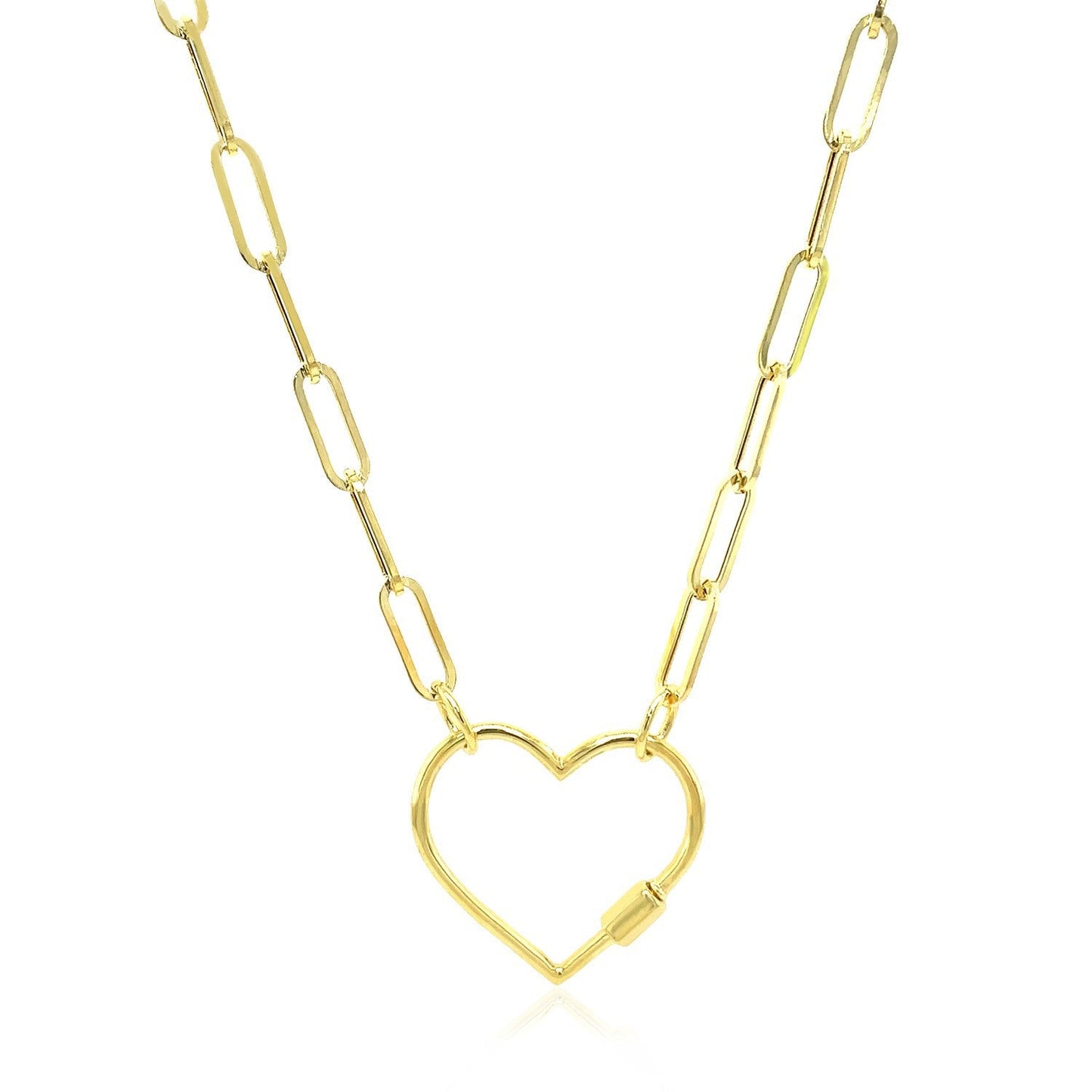 Collar de cadena de papel de oro amarillo de 14k con cierre en forma de corazón