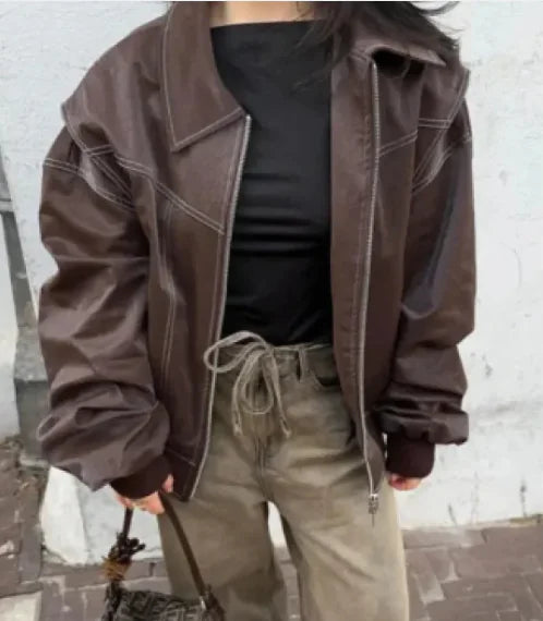 Chaqueta de moto con cremallera para mujer con diseño de solapa