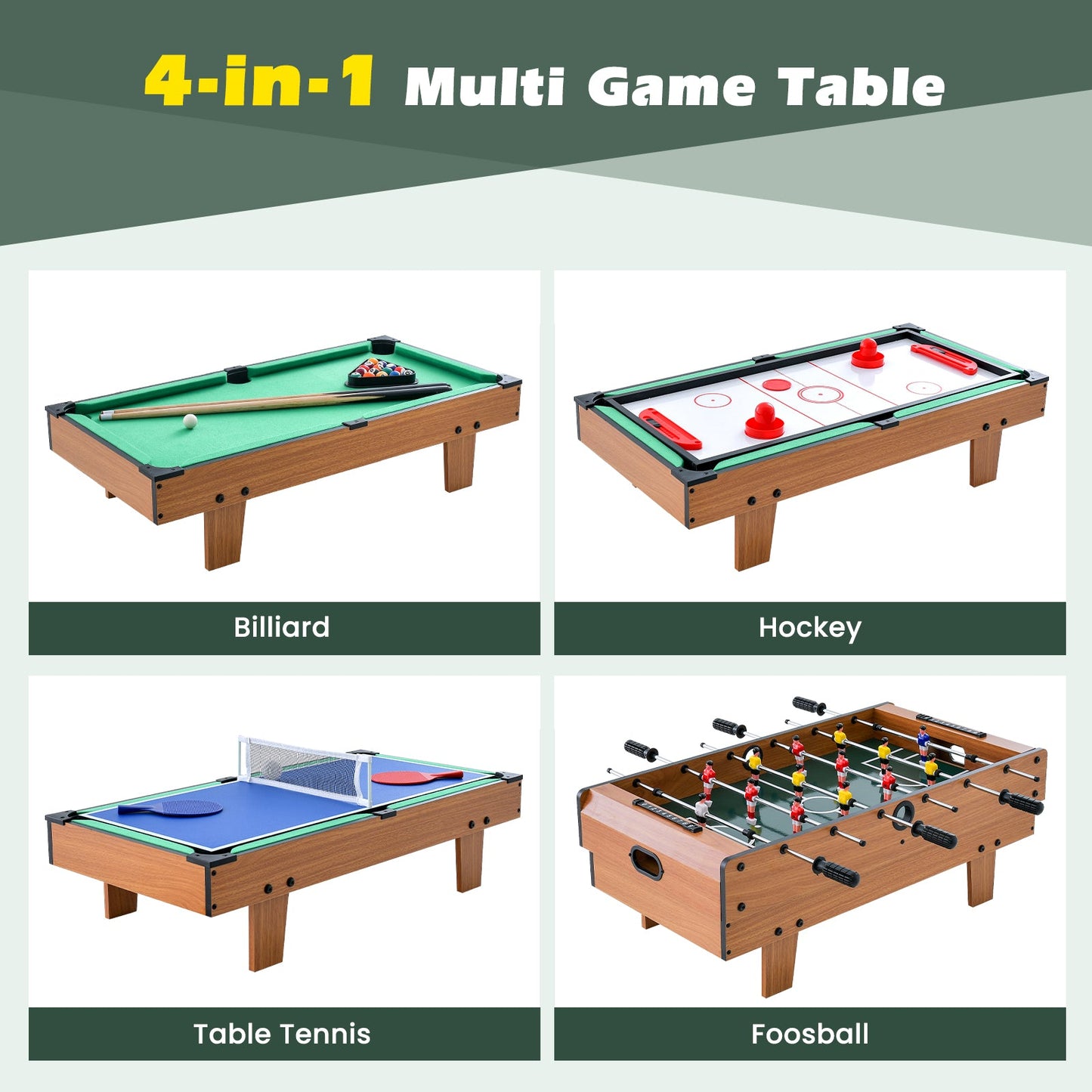 4-in-1 Combo Game Table Set with Foosball, Billiards, and Hockey