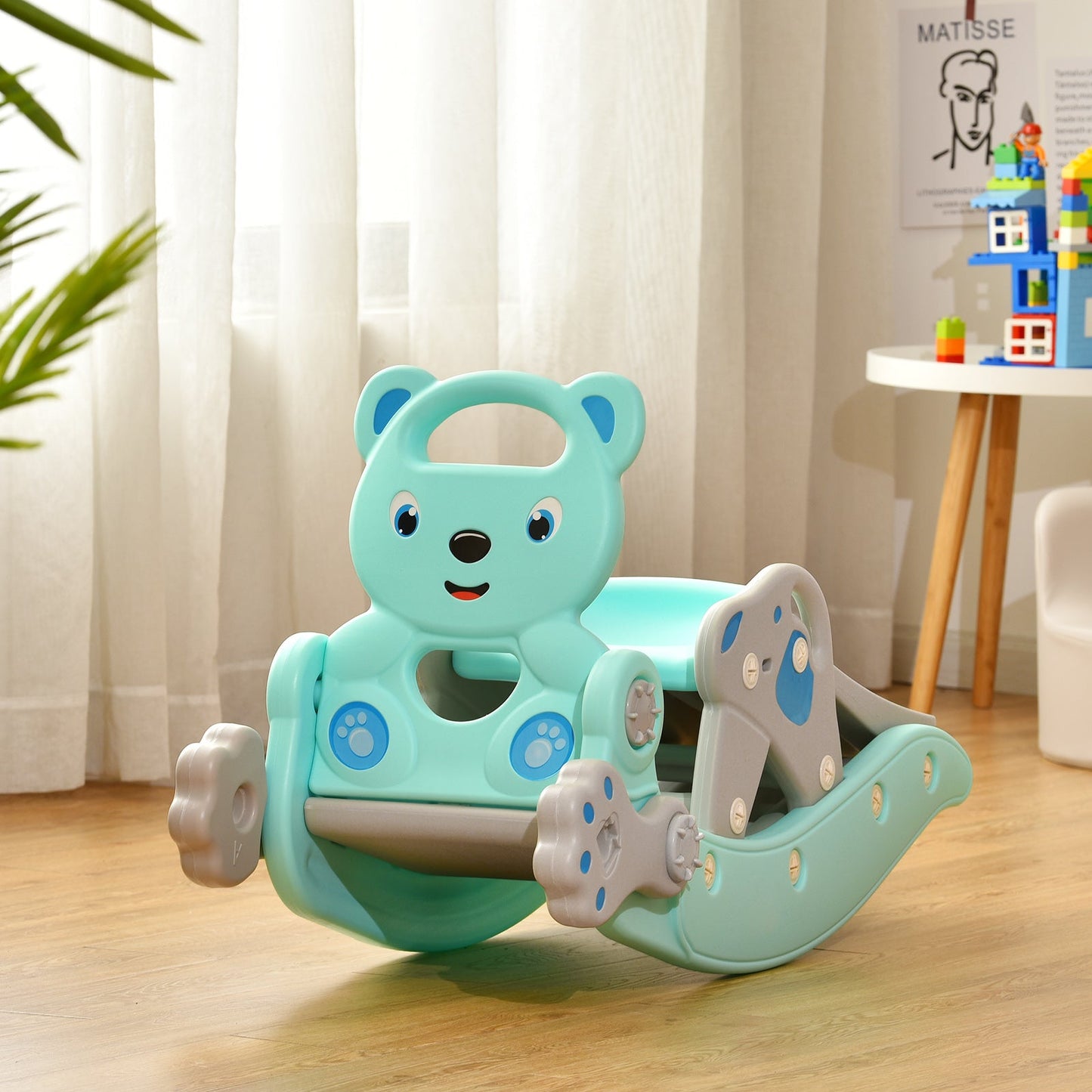 Juego de 4 en 1 para Niños: Tobogán y Caballito de Balancín - Azul