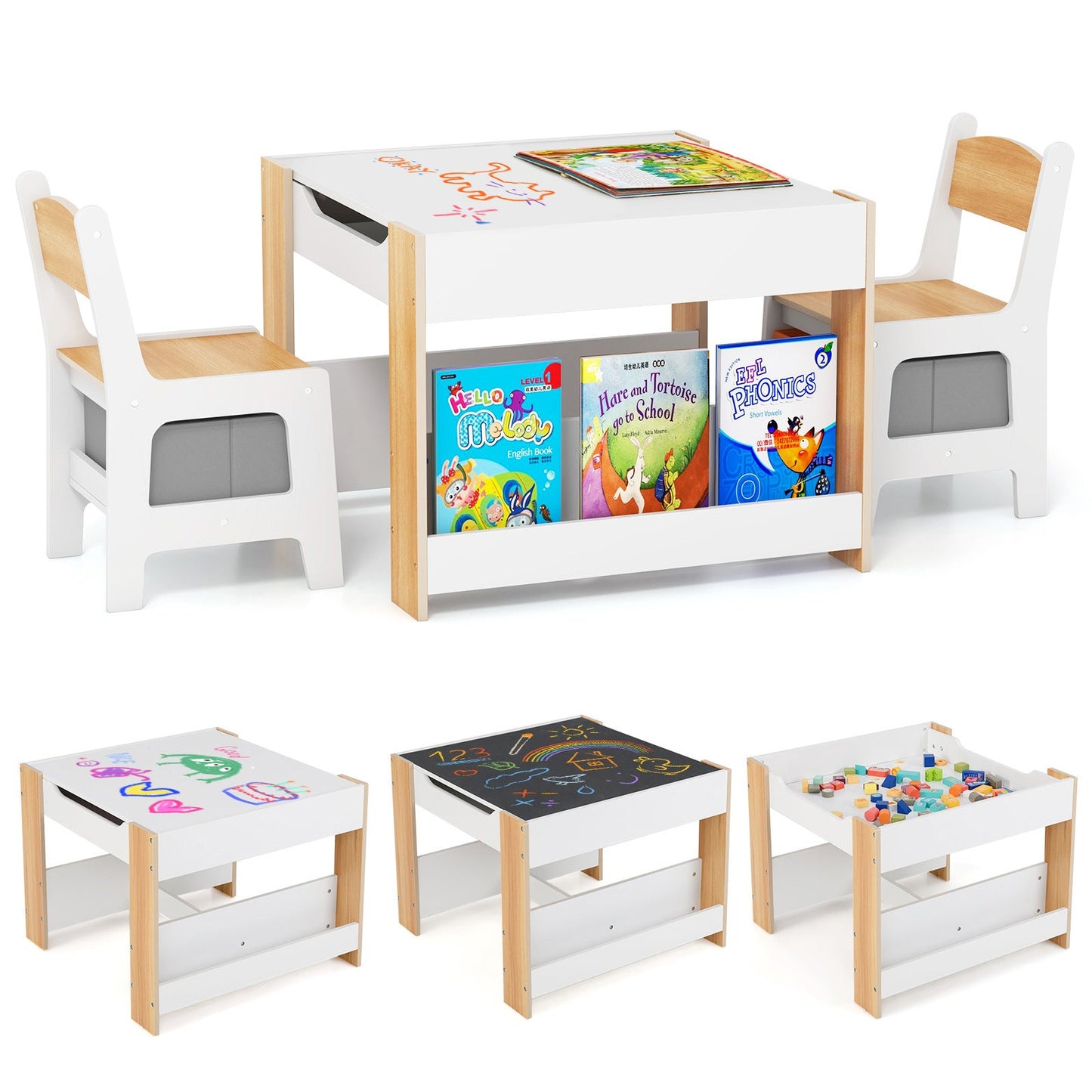 Table et chaises d'activité 4 en 1 pour enfants - Naturel