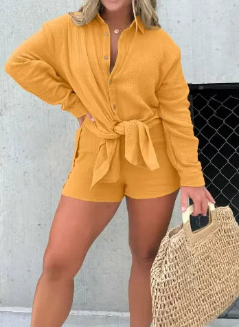 Ensemble de Chemise Longue et Short en Crêpe à Double Couche