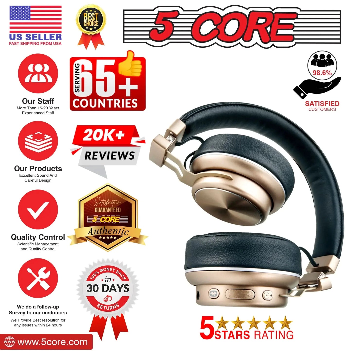 5 CORE Bluetooth Over-Ear Headphones with Noise Cancellation