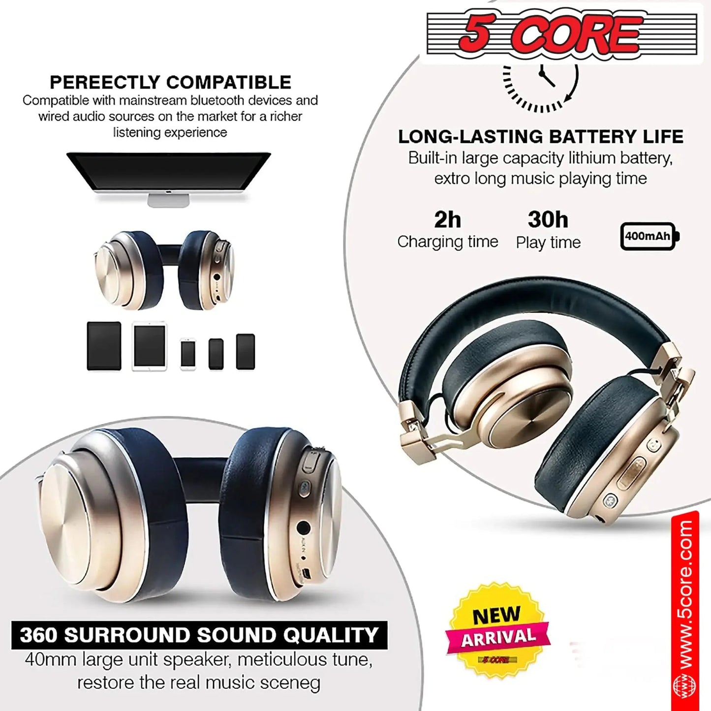 5 CORE Bluetooth Over-Ear Headphones with Noise Cancellation