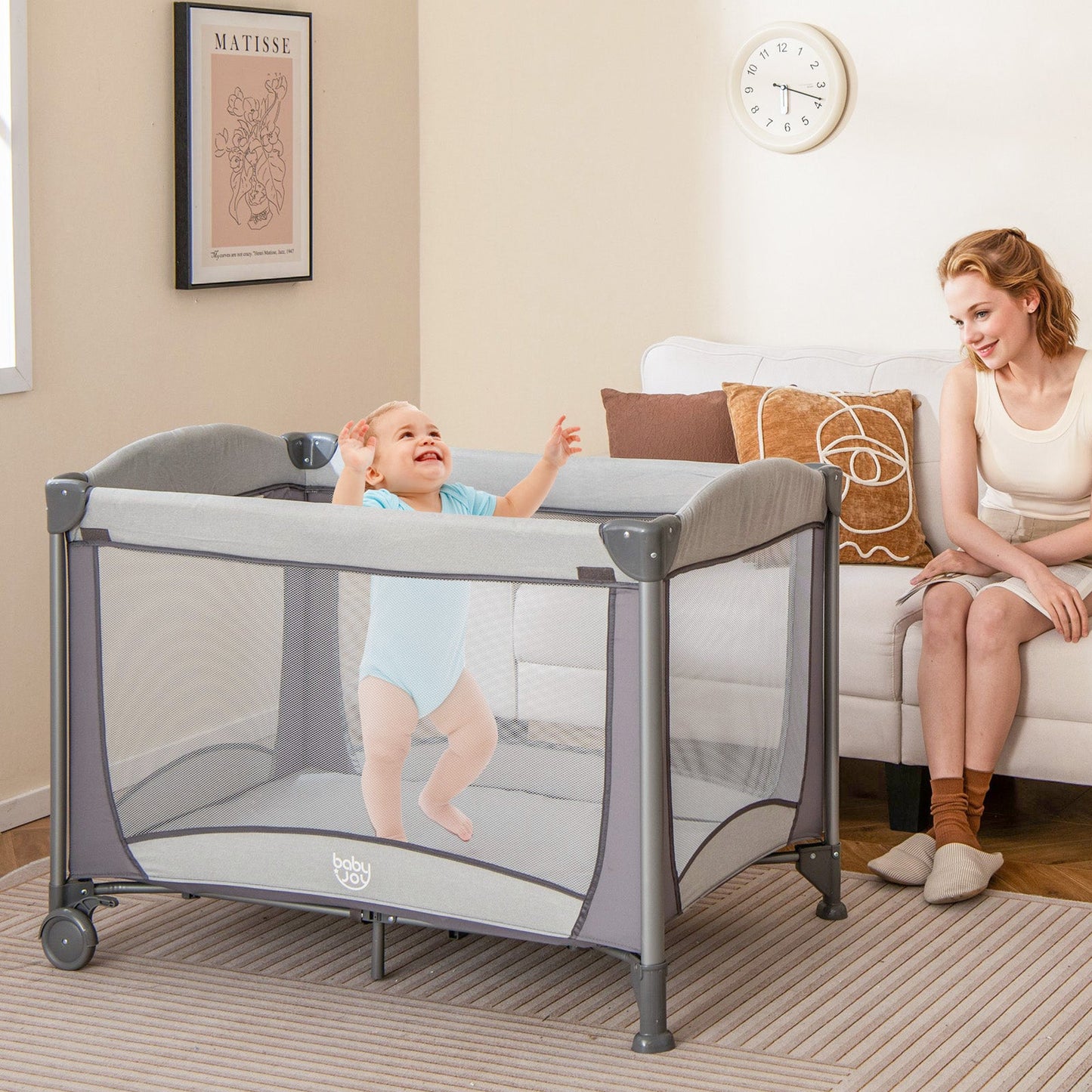 5-in-1 Portable Baby Playard with Cradle and Storage - Gray