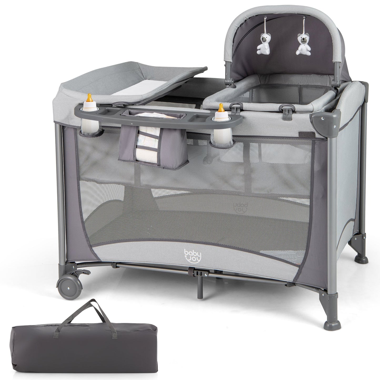5-in-1 Portable Baby Playard with Cradle and Storage - Gray