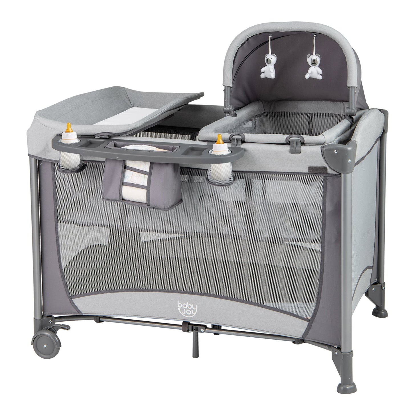 5-in-1 Portable Baby Playard with Cradle and Storage - Gray