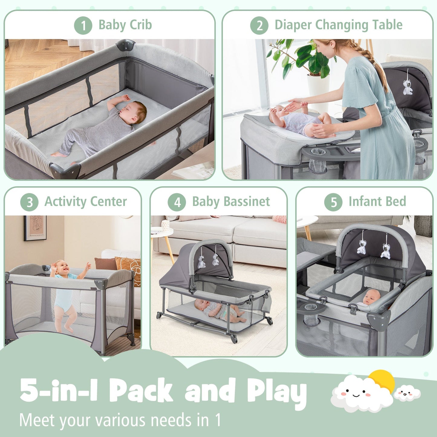 5-in-1 Portable Baby Playard with Cradle and Storage - Gray