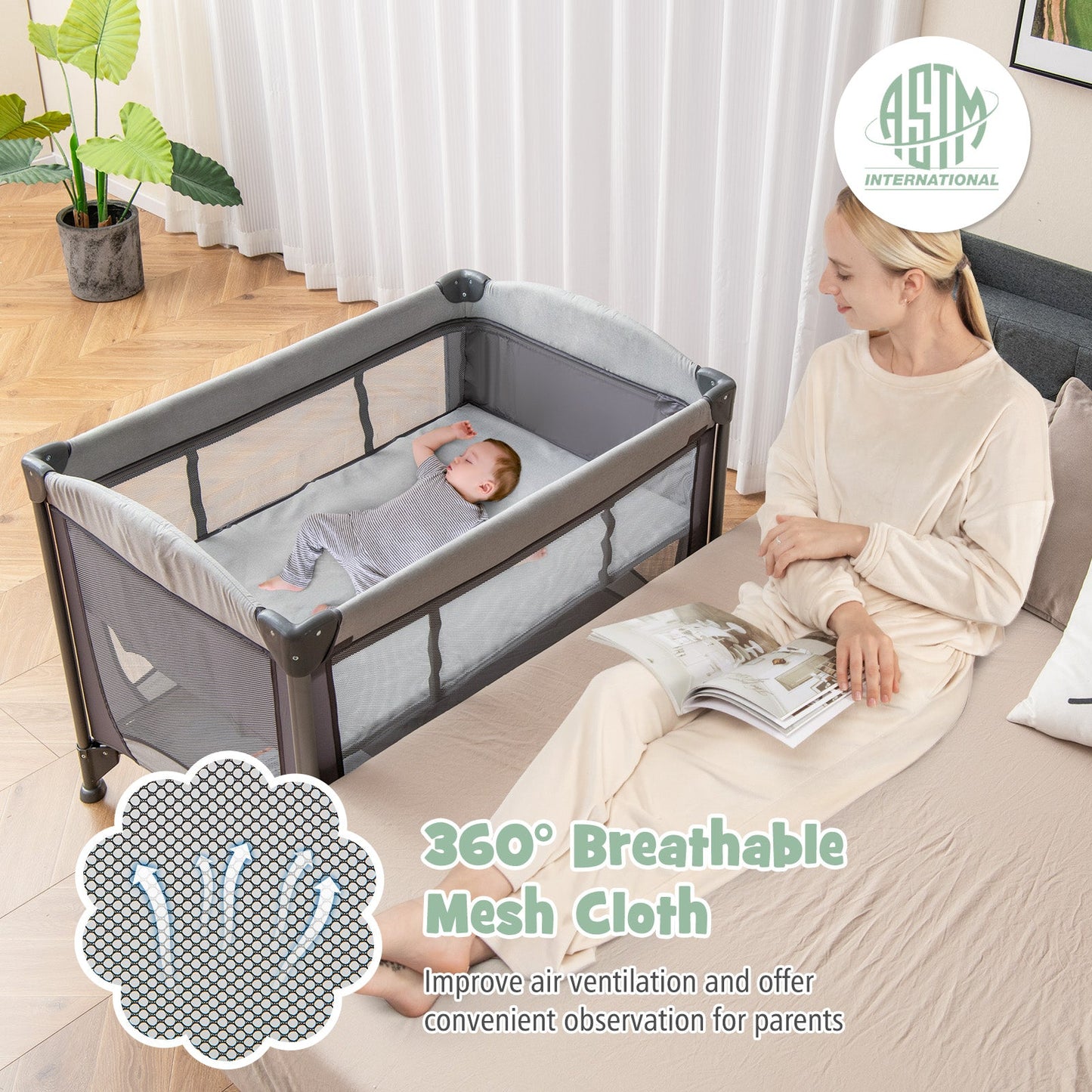 5-in-1 Portable Baby Playard with Cradle and Storage - Gray