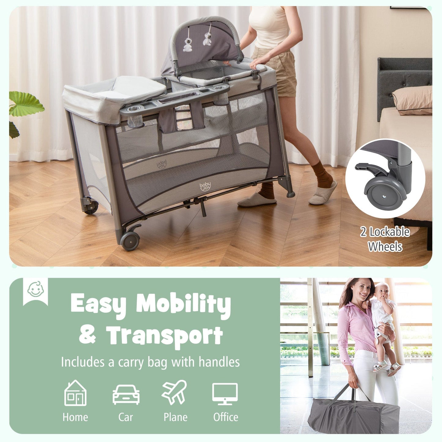 5-in-1 Portable Baby Playard with Cradle and Storage - Gray