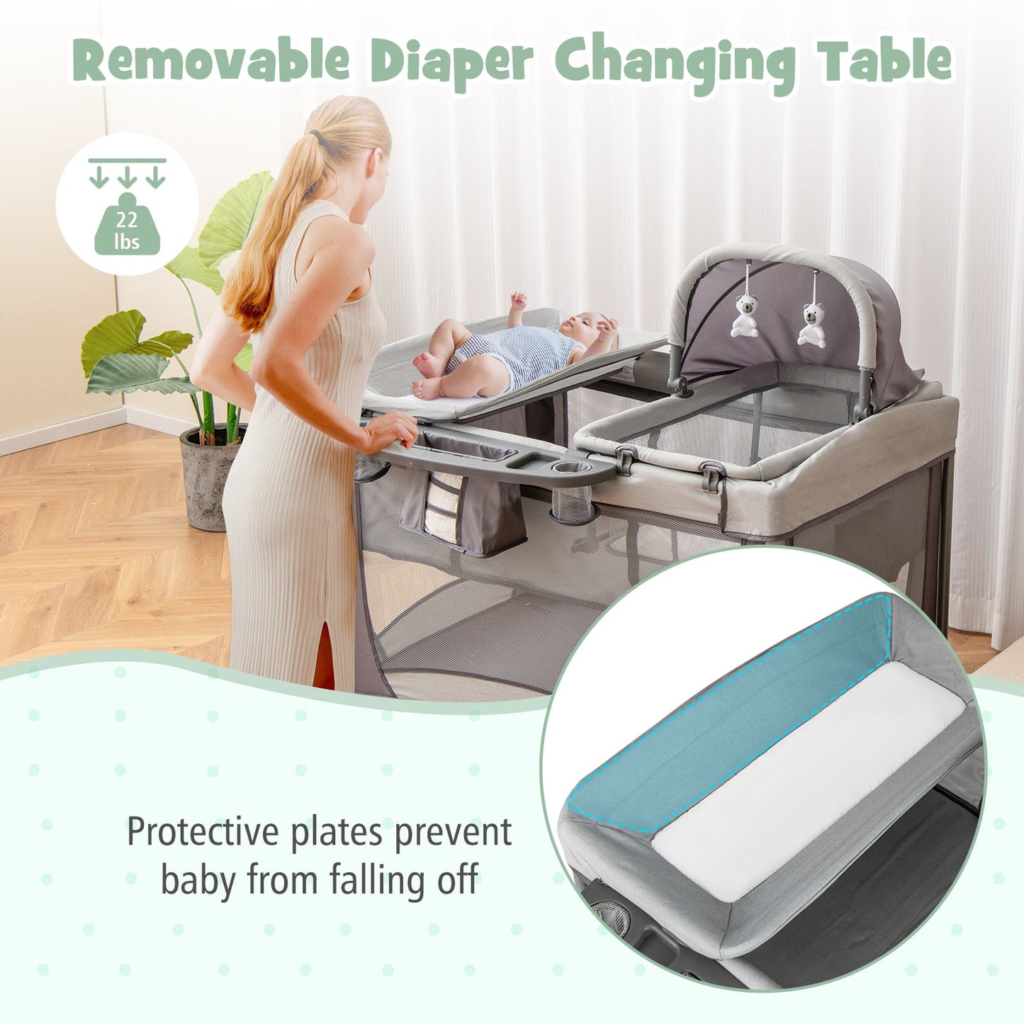 5-in-1 Portable Baby Playard with Cradle and Storage - Gray