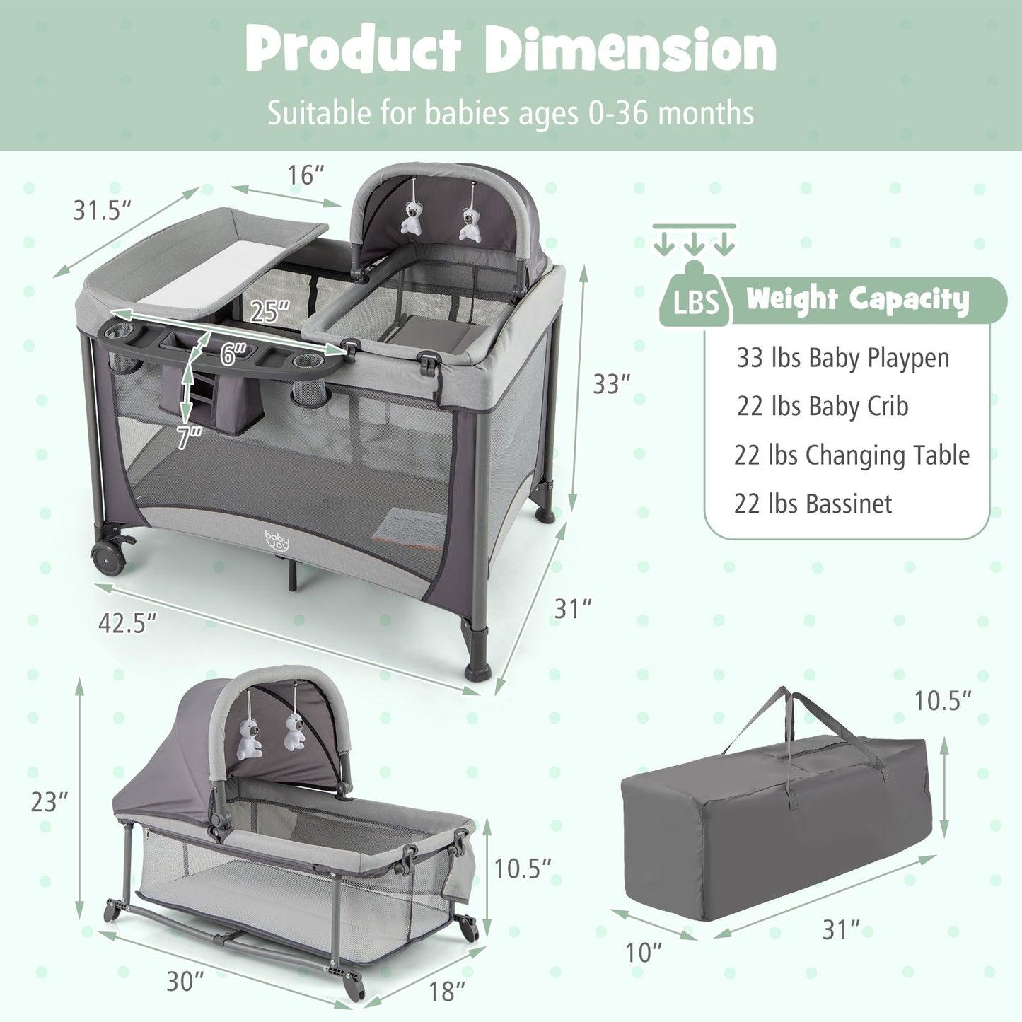 5-in-1 Portable Baby Playard with Cradle and Storage - Gray