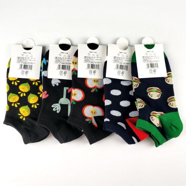 5 Pairs Fun Animal & Food Pattern Ankle Socks for All Seasons