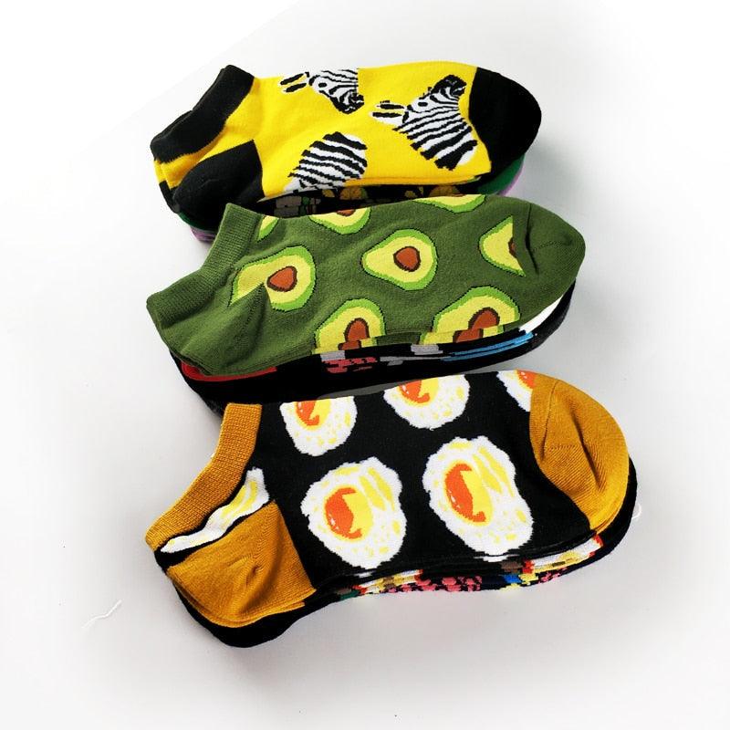 5 Pairs Fun Animal & Food Pattern Ankle Socks for All Seasons