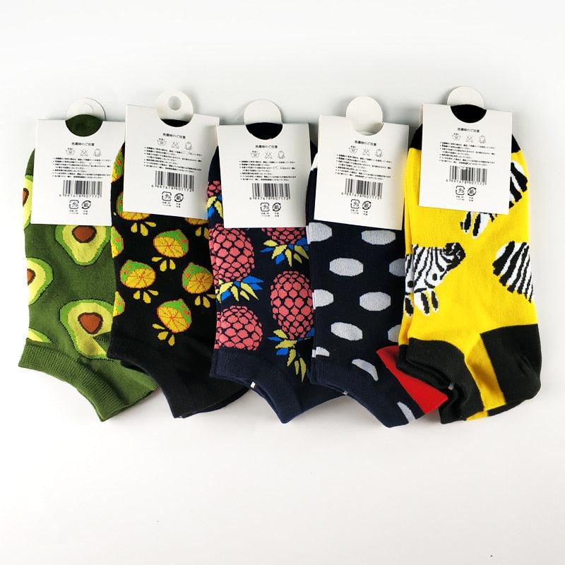 5 Pairs Fun Animal & Food Pattern Ankle Socks for All Seasons