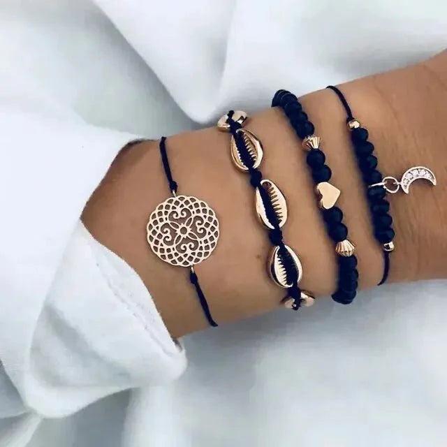 Conjunto de Pulseras de Encanto de Luna y Concha Bohemia de 5 Piezas