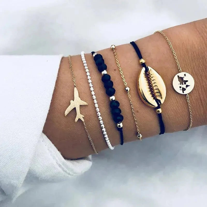 Conjunto de Pulseras de Encanto de Luna y Concha Bohemia de 5 Piezas