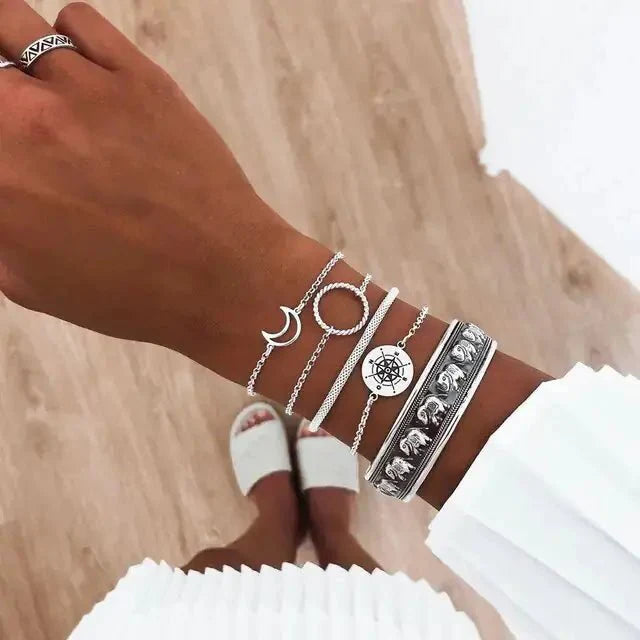 Conjunto de Pulseras de Encanto de Luna y Concha Bohemia de 5 Piezas
