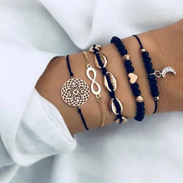 Conjunto de Pulseras de Encanto de Luna y Concha Bohemia de 5 Piezas