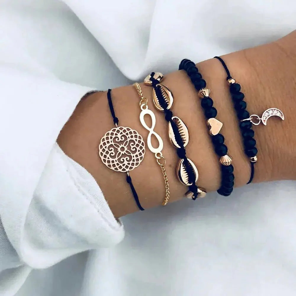 Conjunto de Pulseras de Encanto de Luna y Concha Bohemia de 5 Piezas