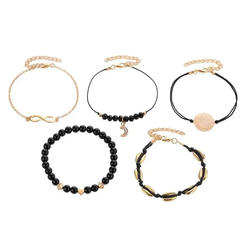 Conjunto de Pulseras de Encanto de Luna y Concha Bohemia de 5 Piezas