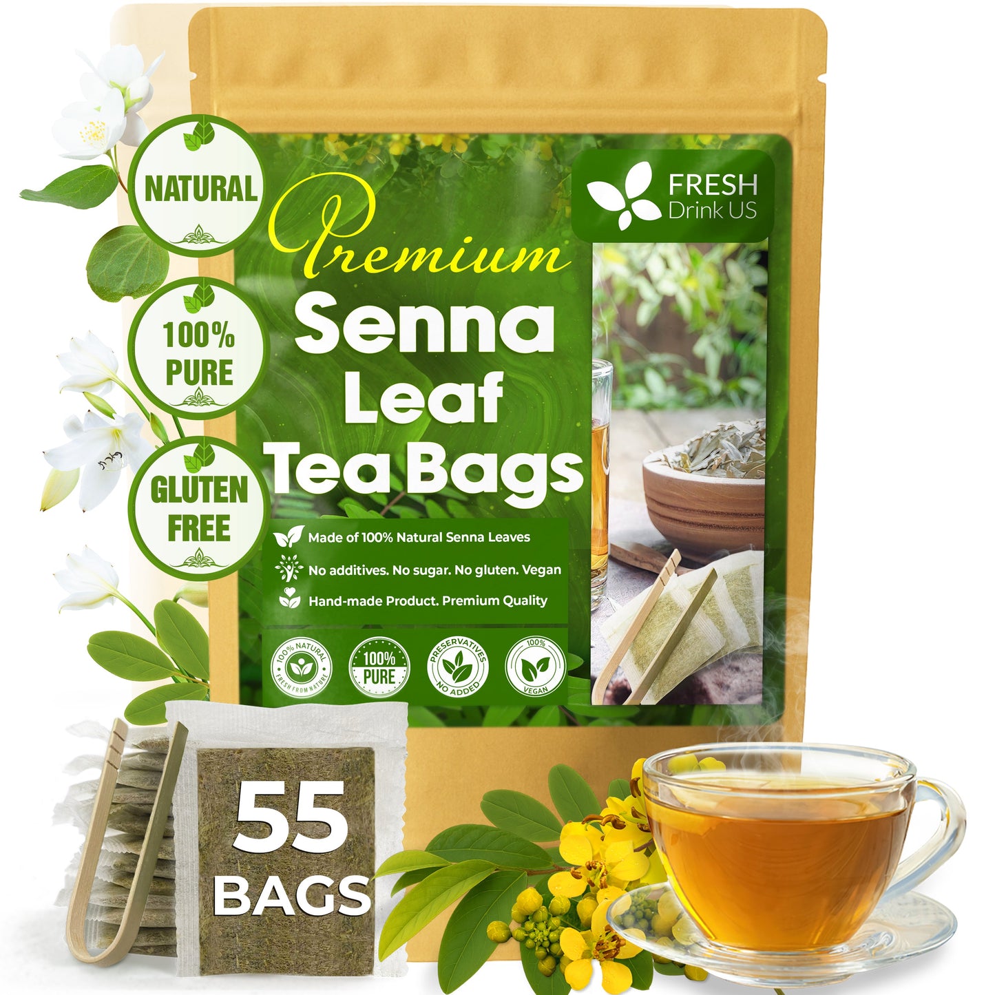 Premium Senna Leaf Tea Bags, 100% Natural & Pure from Senna Leaves. Loose Leaf Senna Herbal Tea, Made with Natural Material Tea Bags, Senna Leaf Tea. No Sugar, No Caffeine, No Gluten, Vegan. - Korvel
