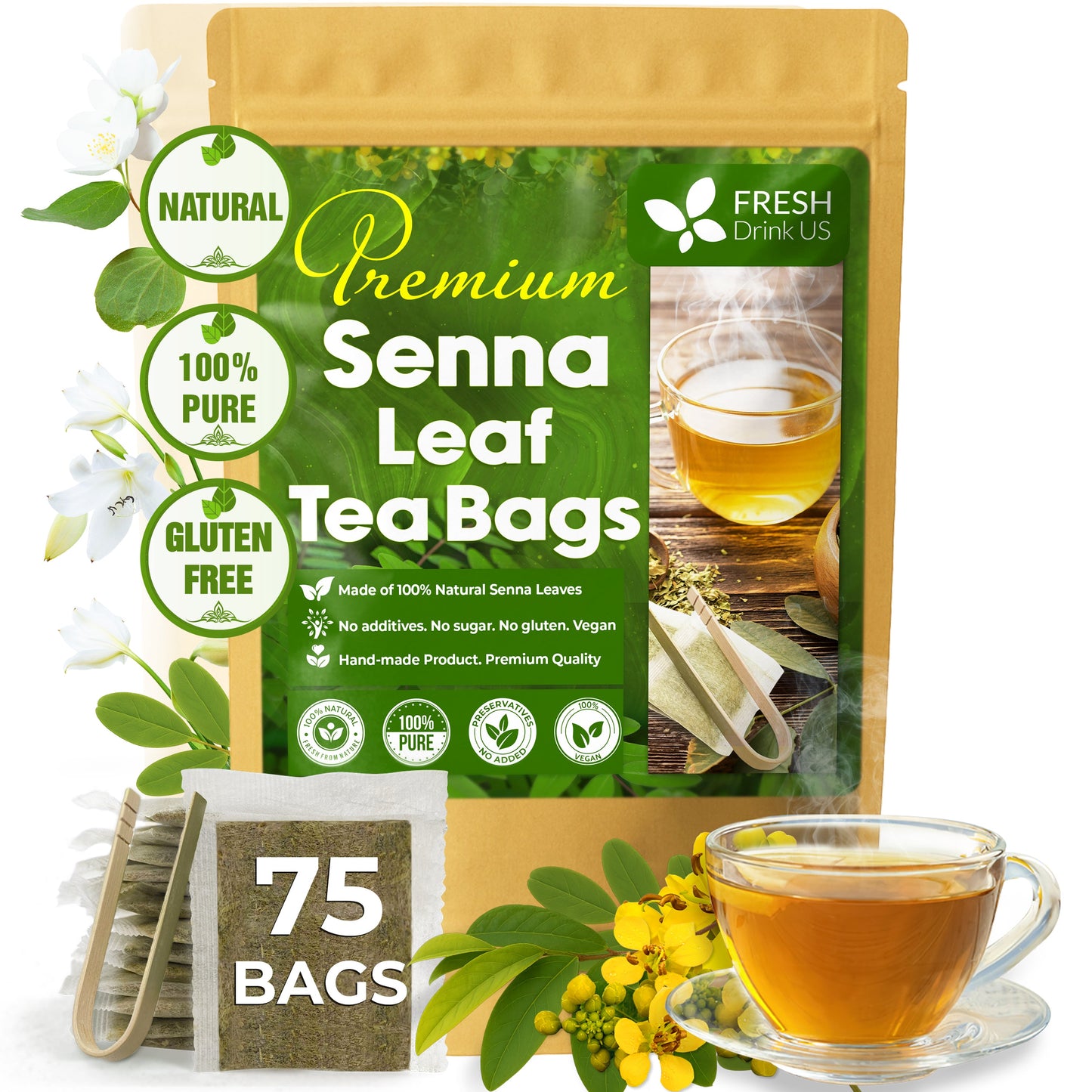 Premium Senna Leaf Tea Bags, 100% Natural & Pure from Senna Leaves. Loose Leaf Senna Herbal Tea, Made with Natural Material Tea Bags, Senna Leaf Tea. No Sugar, No Caffeine, No Gluten, Vegan. - Korvel