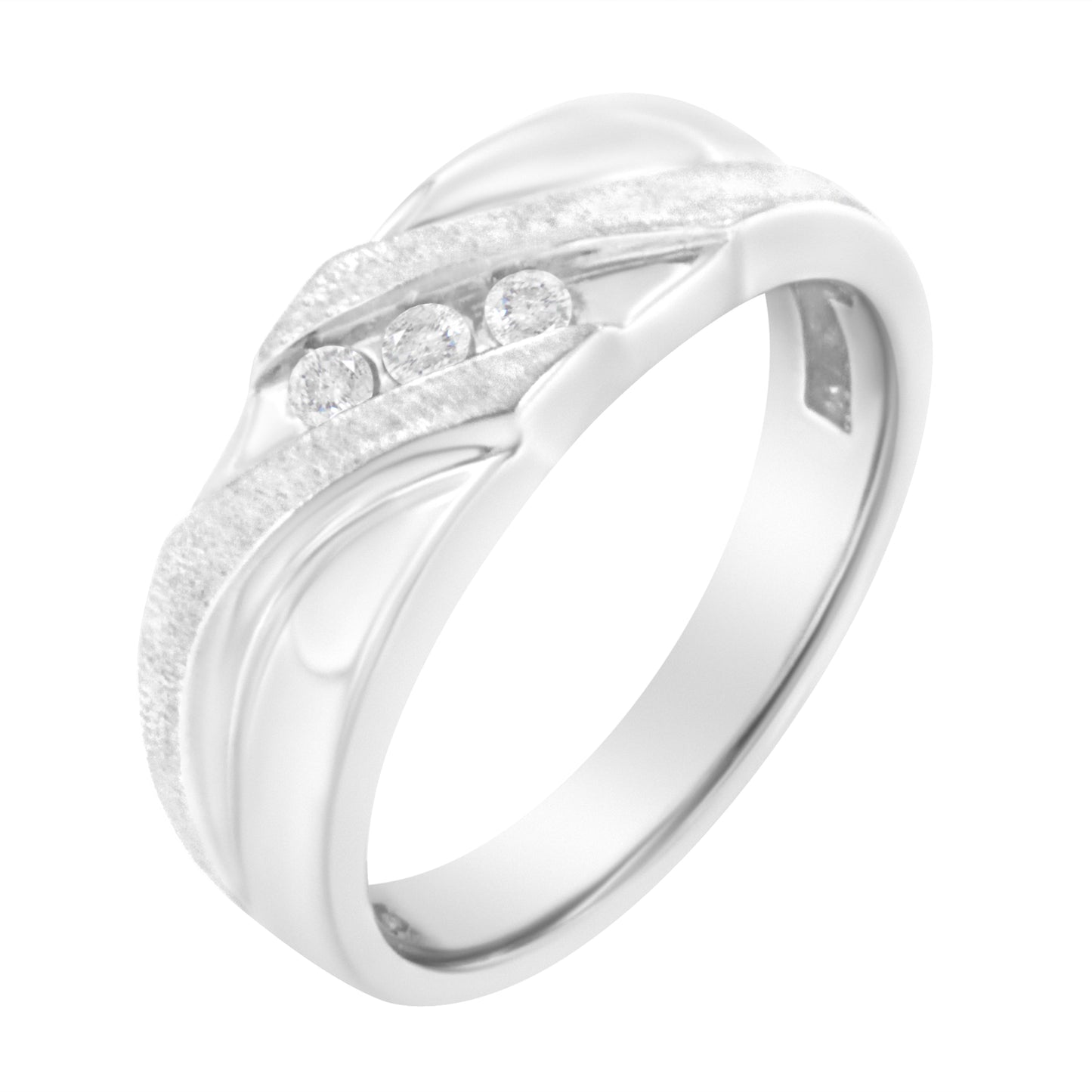 Anillo de boda de diamante de tres piedras para hombre en oro blanco de 10K - Talla 10
