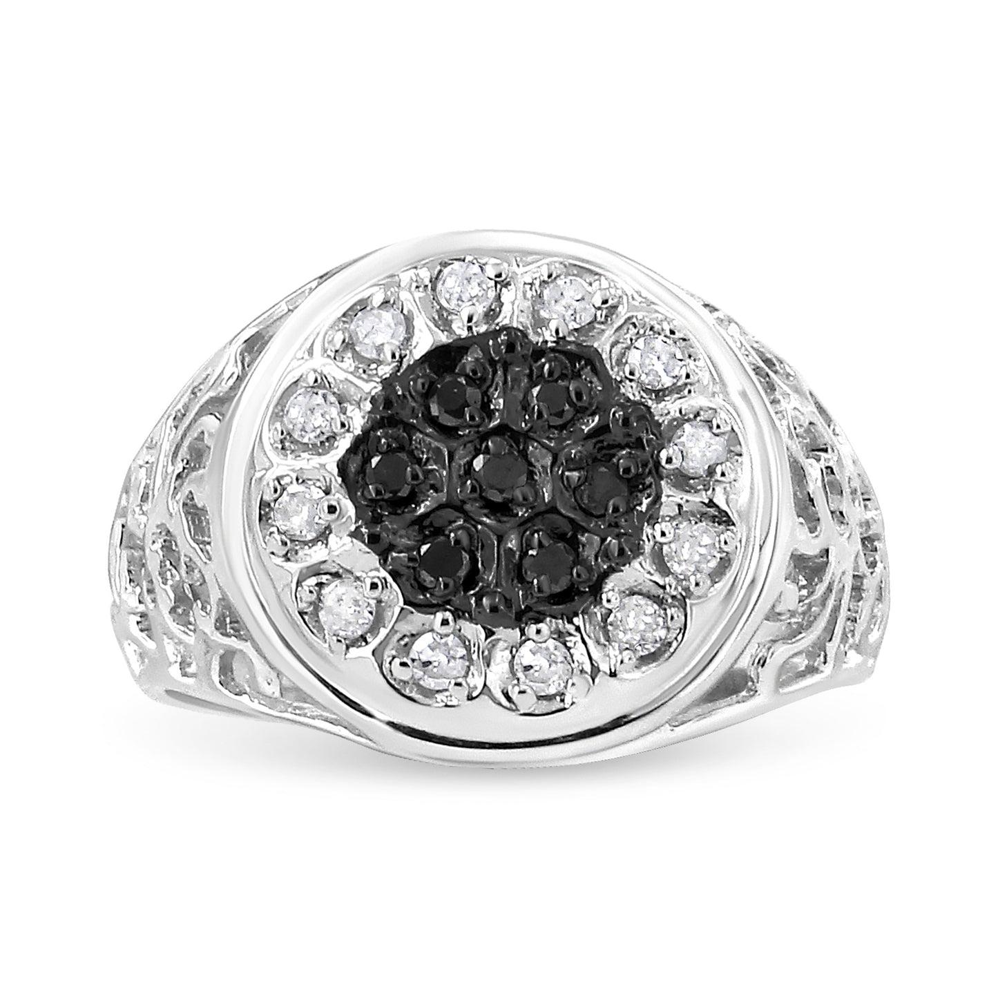 .925 Sterling Silver Black and White Diamond Halo Cluster Ring for Men - Size 10