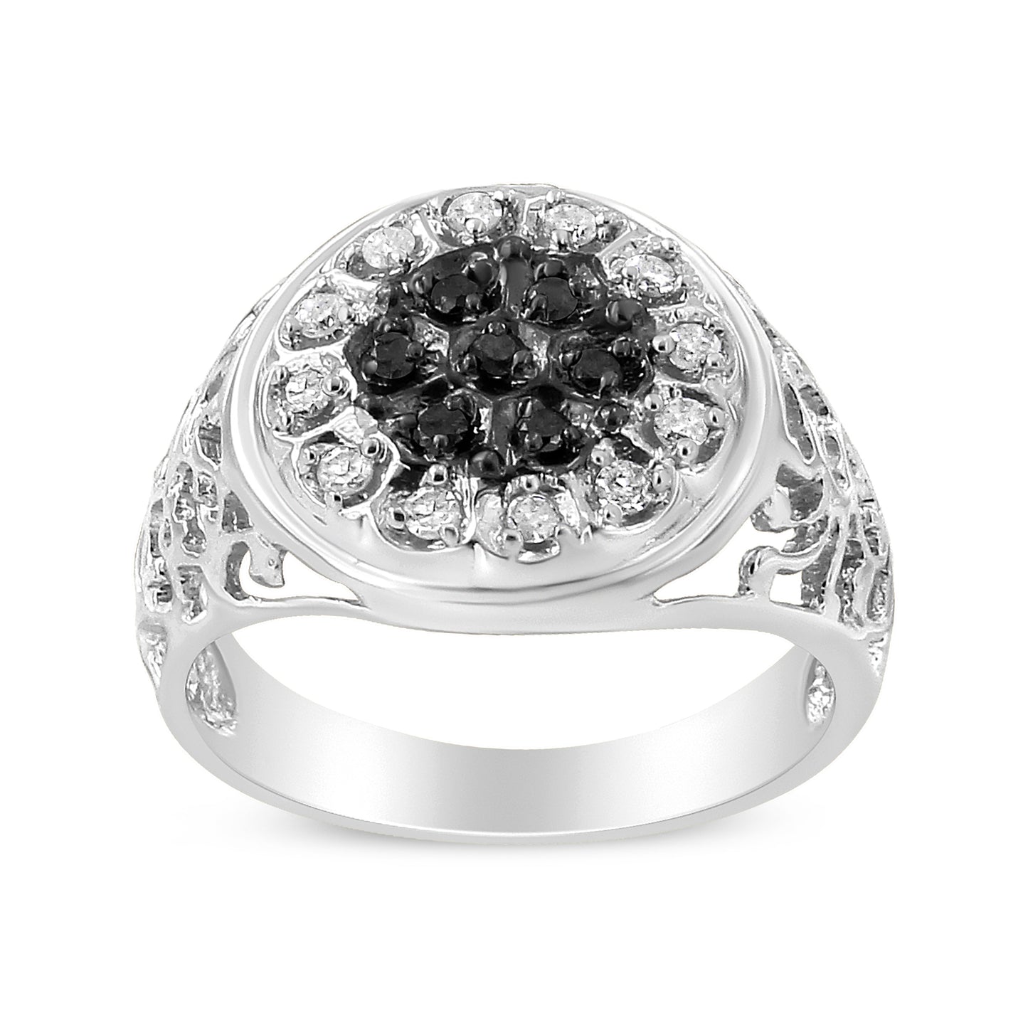 .925 Sterling Silver Black and White Diamond Halo Cluster Ring for Men - Size 10