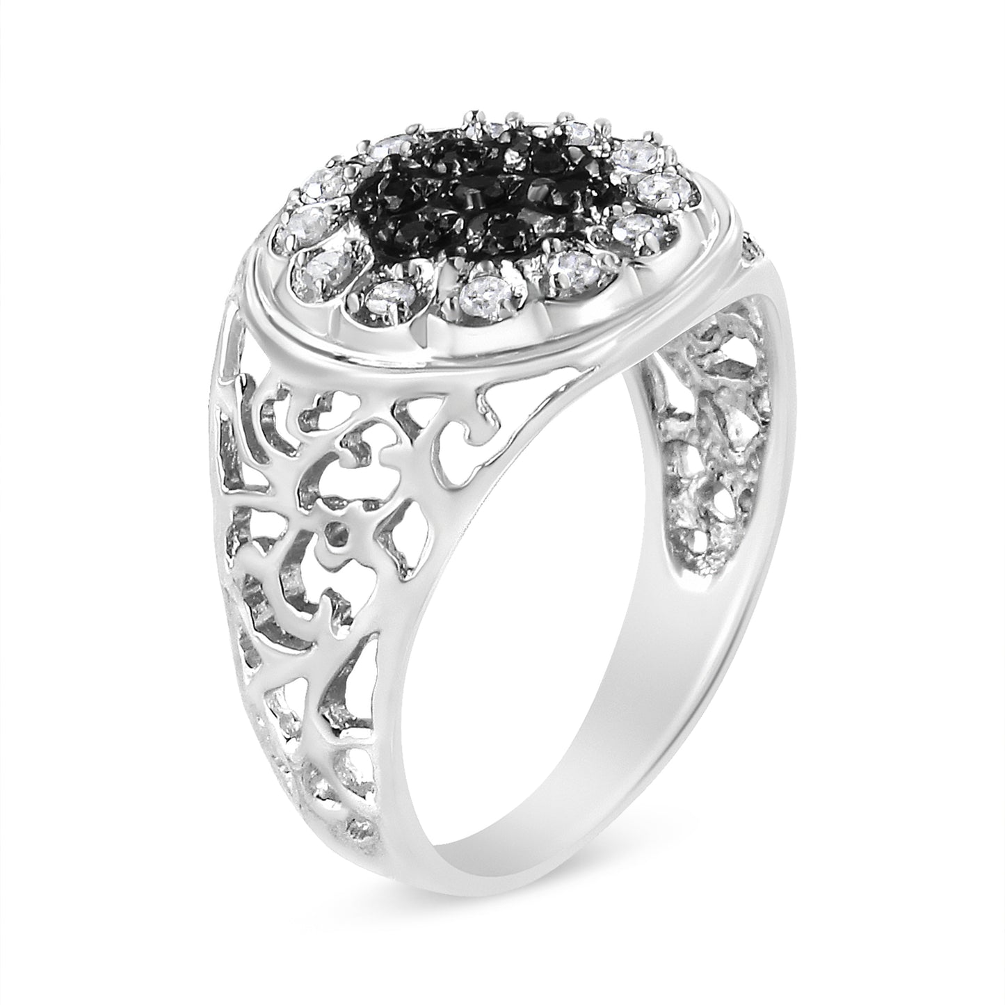 .925 Sterling Silver Black and White Diamond Halo Cluster Ring for Men - Size 10