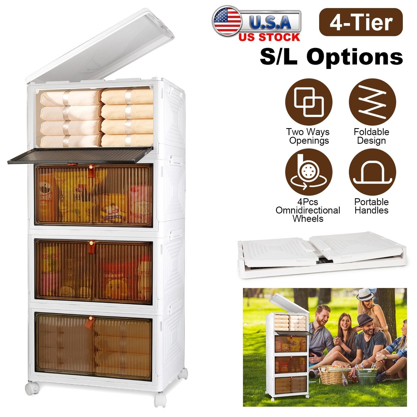 4-Tier Foldable Storage Bins with Magnetic Doors & Wheels