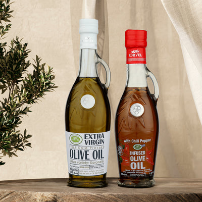 KORVEL Greek Olive Oil Set, 8.45 fl oz Chili olive oil & 16.9 EVOO all in Amphora bottles