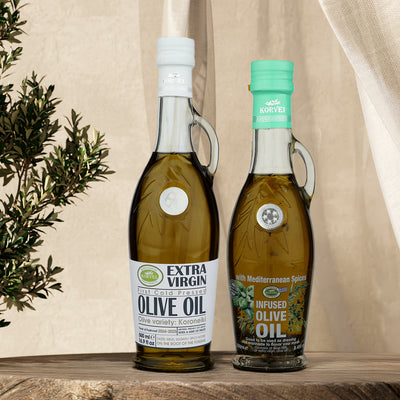 KORVEL Greek Olive Oil Set, 8.45 fl oz Mediterranean Herb olive oil & 16.9 EVOO all in Amphora bottles - Korvel