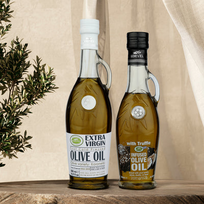 KORVEL Greek Olive Oil Set, 8.45 fl oz Truffle olive oil & 16.9 EVOO all in Amphora bottles - Korvel