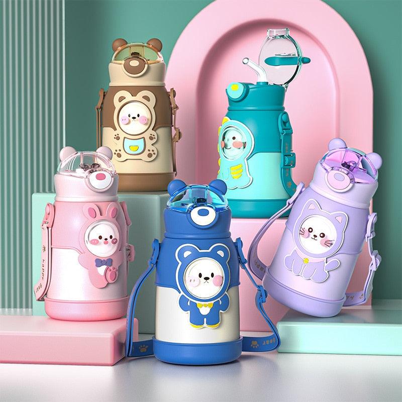 500ml Insulated Stainless Steel Kids Water Bottle - Cute Cartoon Design with Straw & Adjustable Strap - Korvel