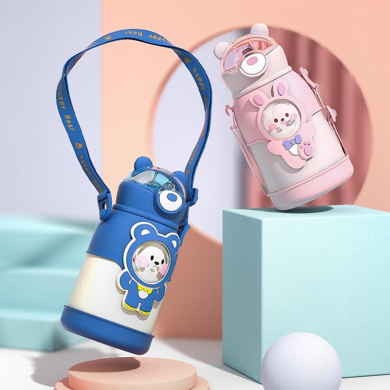 500ml Insulated Stainless Steel Kids Water Bottle - Cute Cartoon Design with Straw & Adjustable Strap - Korvel