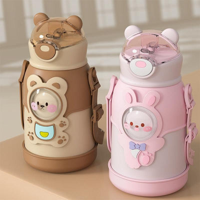 500ml Insulated Stainless Steel Kids Water Bottle - Cute Cartoon Design with Straw & Adjustable Strap - Korvel