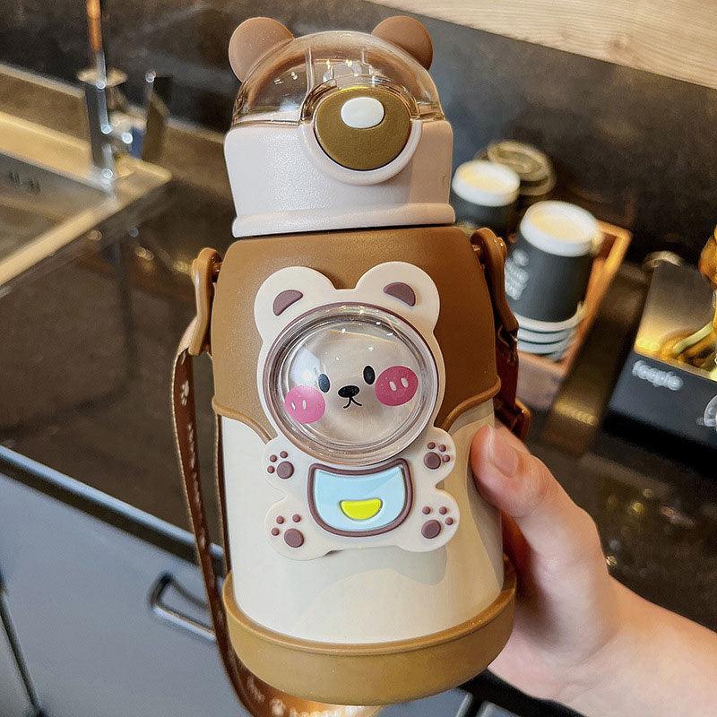 500ml Insulated Stainless Steel Kids Water Bottle - Cute Cartoon Design with Straw & Adjustable Strap - Korvel