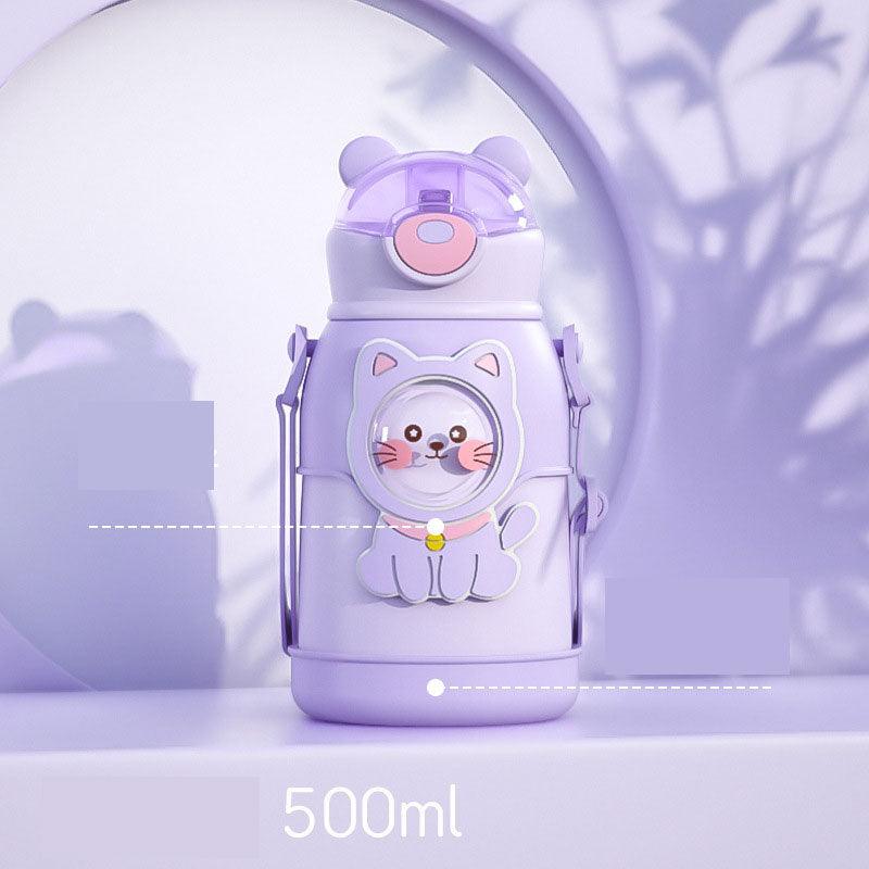 500ml Insulated Stainless Steel Kids Water Bottle - Cute Cartoon Design with Straw & Adjustable Strap - Korvel