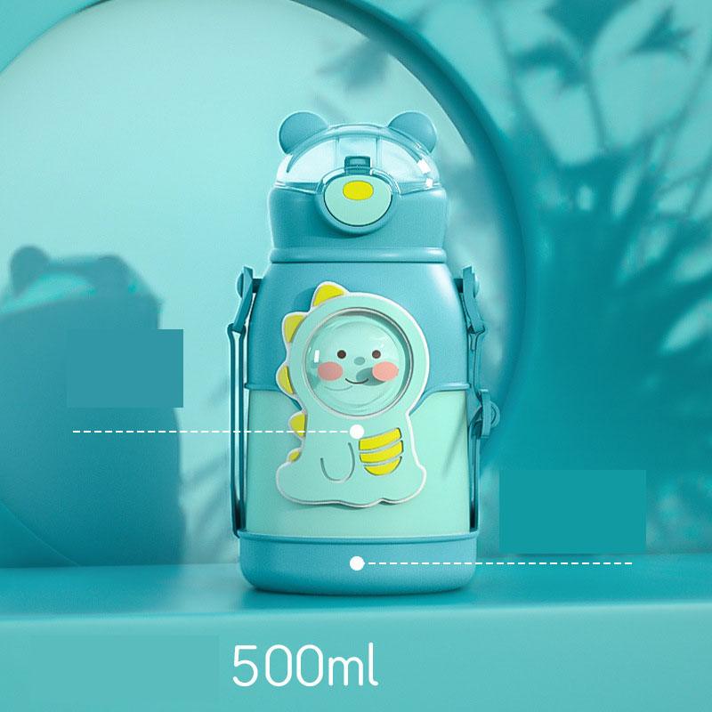 500ml Insulated Stainless Steel Kids Water Bottle - Cute Cartoon Design with Straw & Adjustable Strap - Korvel
