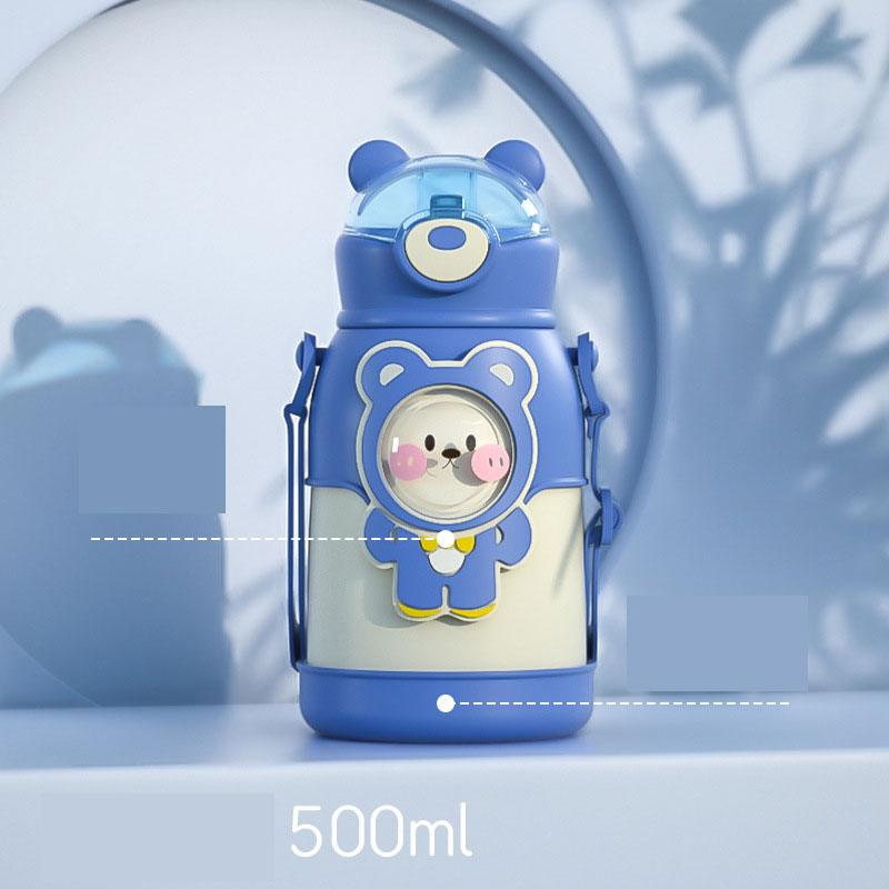 500ml Insulated Stainless Steel Kids Water Bottle - Cute Cartoon Design with Straw & Adjustable Strap - Korvel