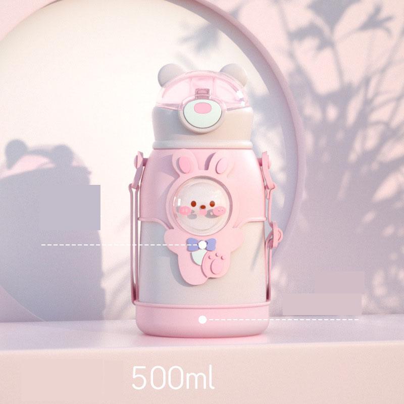 500ml Insulated Stainless Steel Kids Water Bottle - Cute Cartoon Design with Straw & Adjustable Strap - Korvel