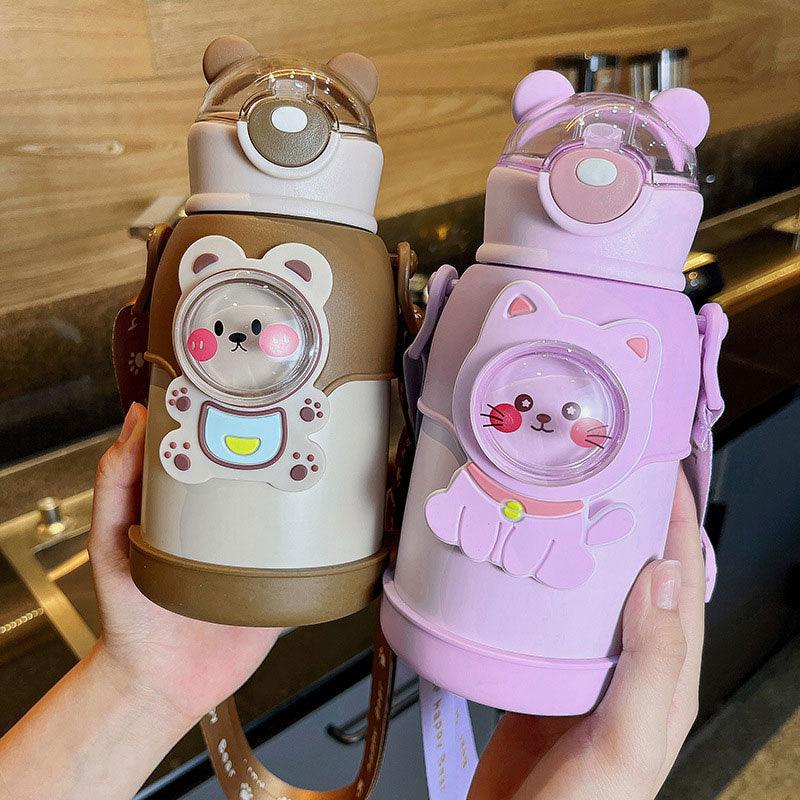 500ml Insulated Stainless Steel Kids Water Bottle - Cute Cartoon Design with Straw & Adjustable Strap - Korvel