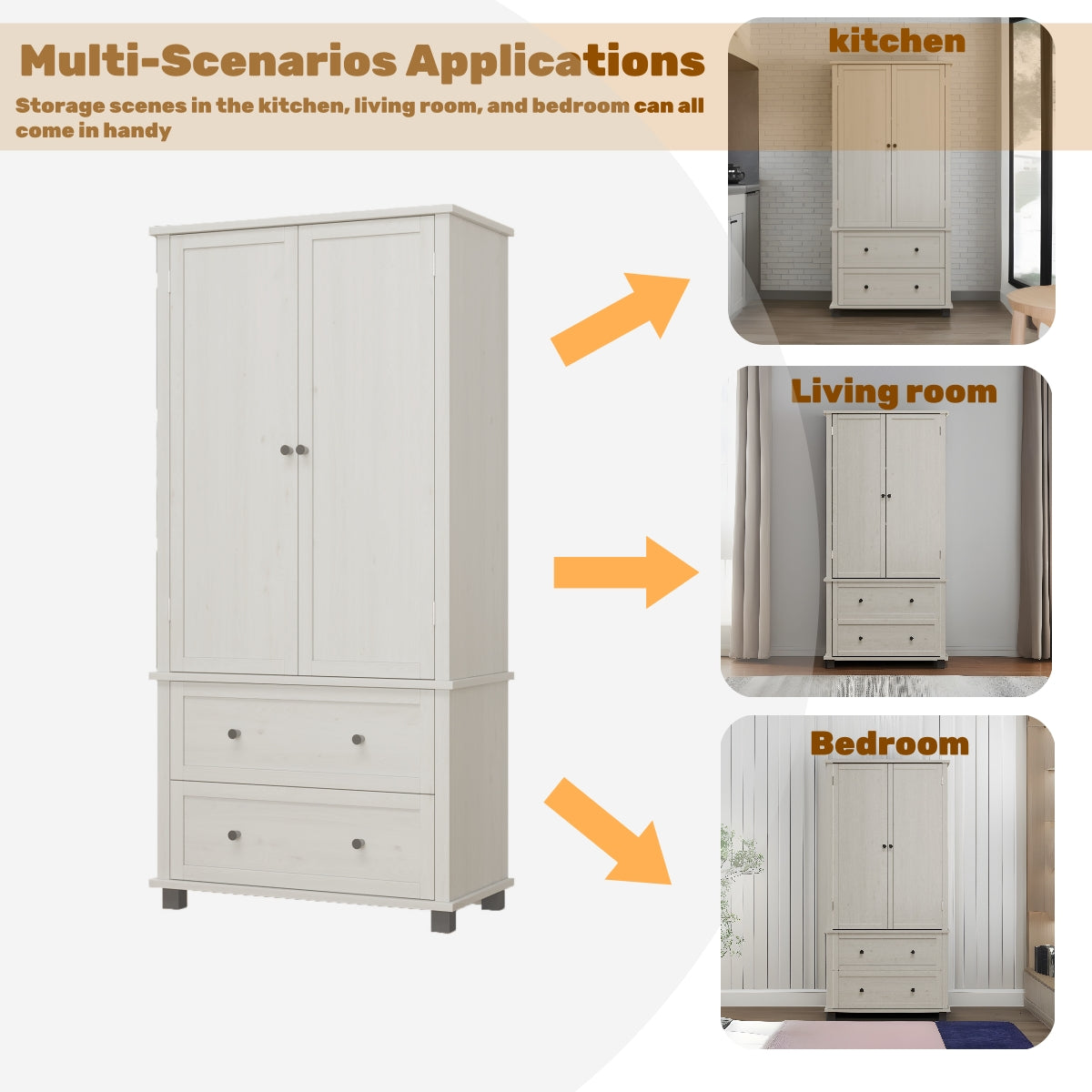 70 inch high kitchen pantry storage cabinet with 2 drawers and 3 shelves, large storage cabinet (antique white) - Korvel
