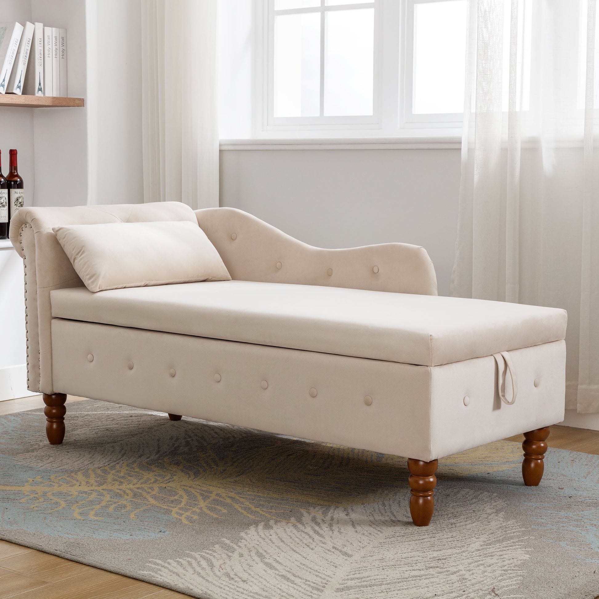 Beige Chaise Lounge Indoor Velvet Lounge Chair for Bedroom with Storage & Pillow Modern Upholstered Rolled Arm Chase Lounge - Korvel