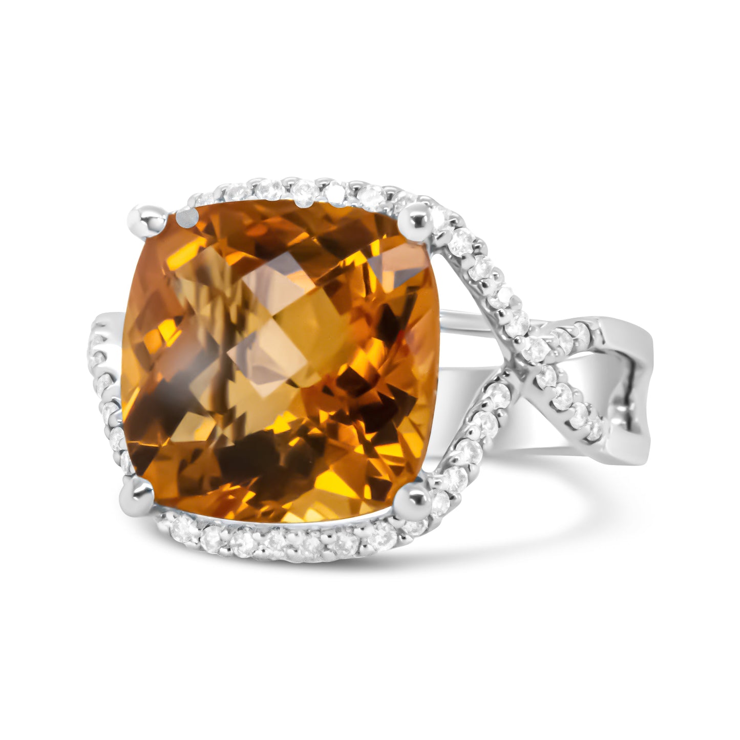 Bague en or blanc 14K avec citrine jaune taille coussin et diamants - Taille 6.5