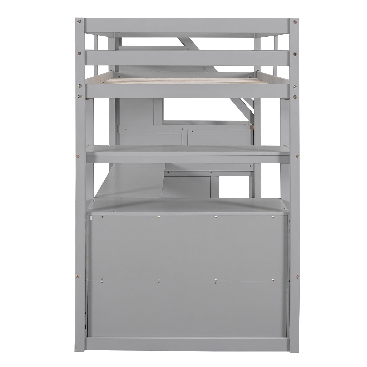 Twin Size Loft Bed with Desk and Shelves Two Built-in Drawers, Storage Staircase Gray - Korvel