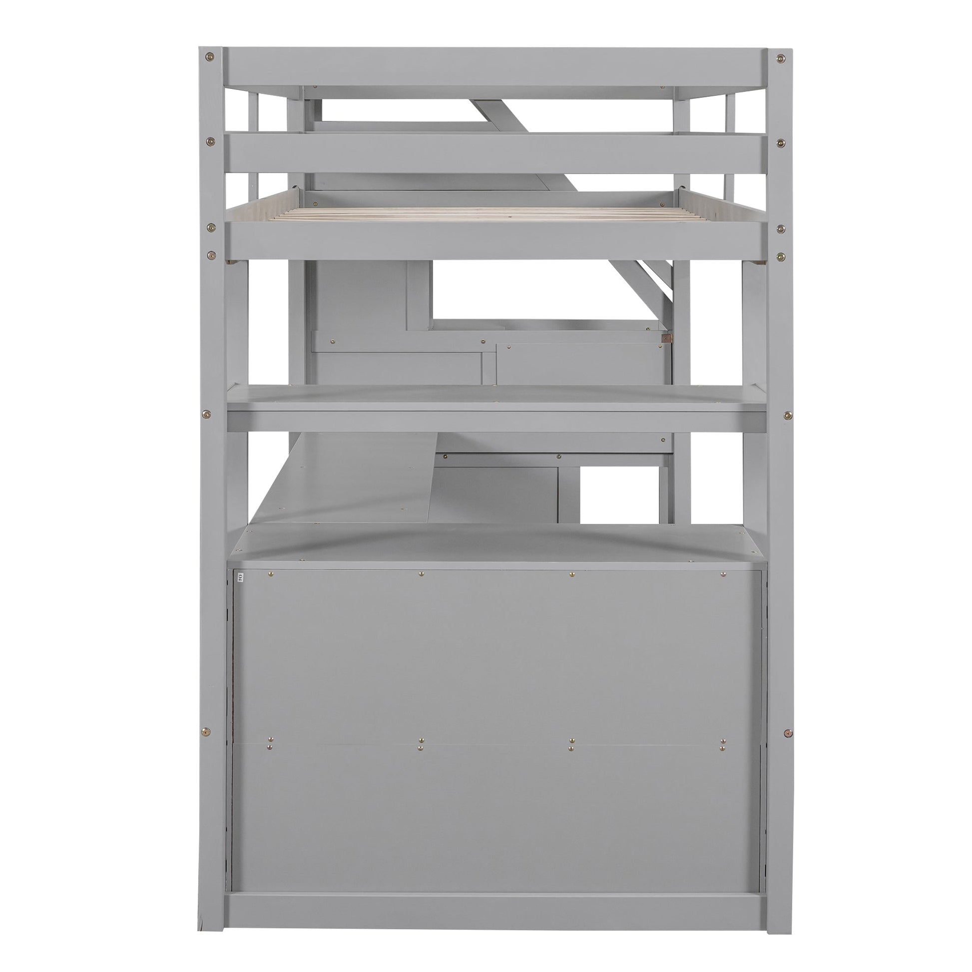 Twin Size Loft Bed with Desk and Shelves Two Built-in Drawers, Storage Staircase Gray - Korvel