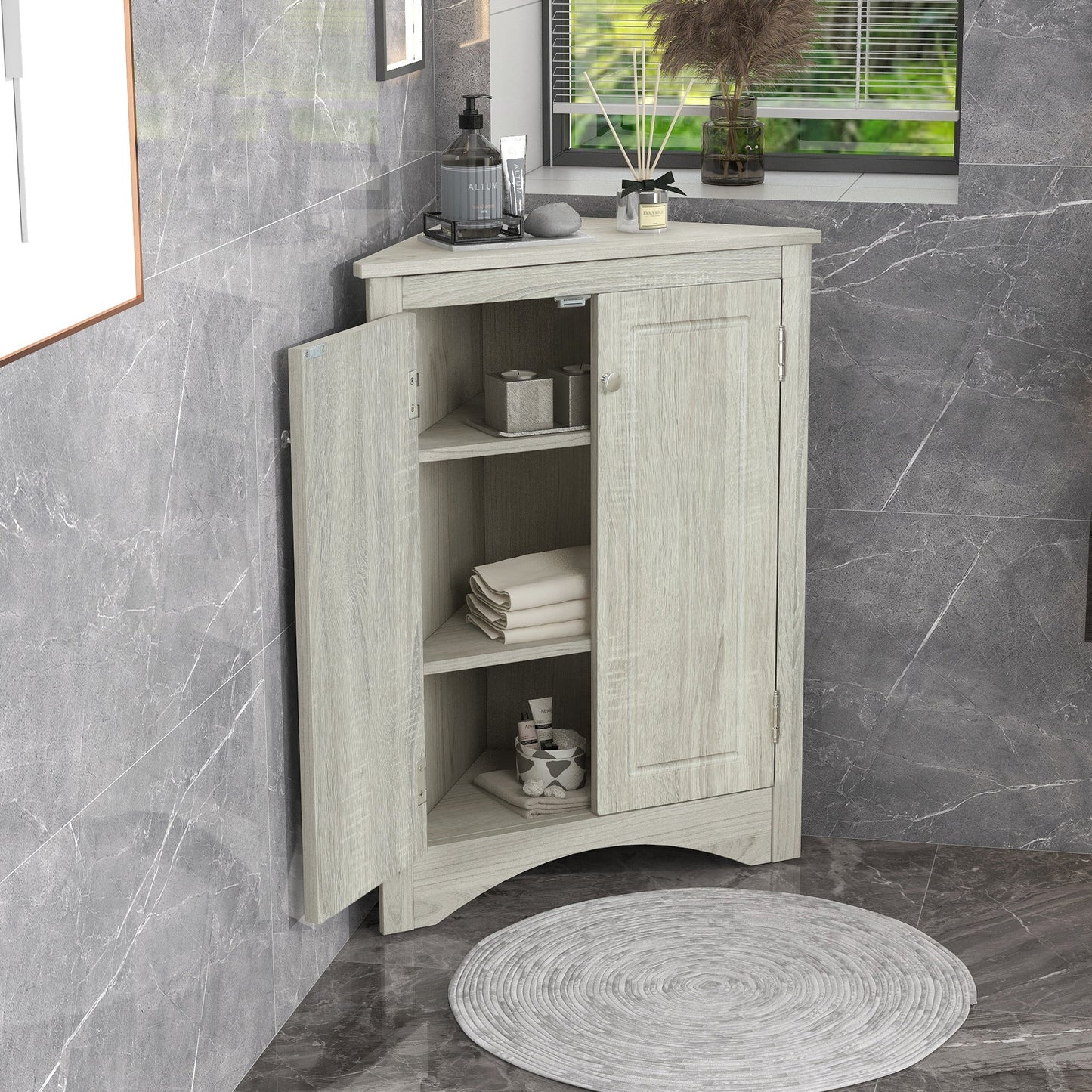 Oak Triangle Bathroom Storage Cabinet with Adjustable Shelves, Freestanding Floor Cabinet for Home Kitchen - Korvel